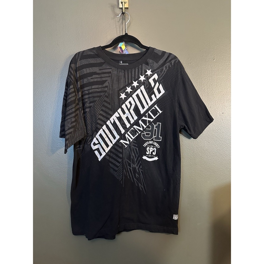 SouthPole Men's Black White Graphic T Shirt Y2K Street Wear XL Cotton